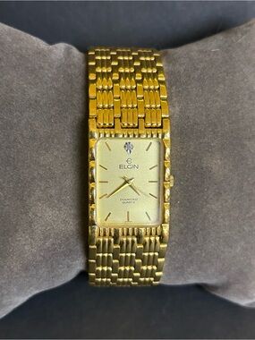 VTG Elign Watch Mens 23mm Rectangle Tank Style Gold Tone Diamond Watch